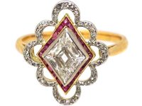 Edwardian 18ct Gold & Platinum Diamond Shaped Ring set with a Diamond & Calibré Rubies