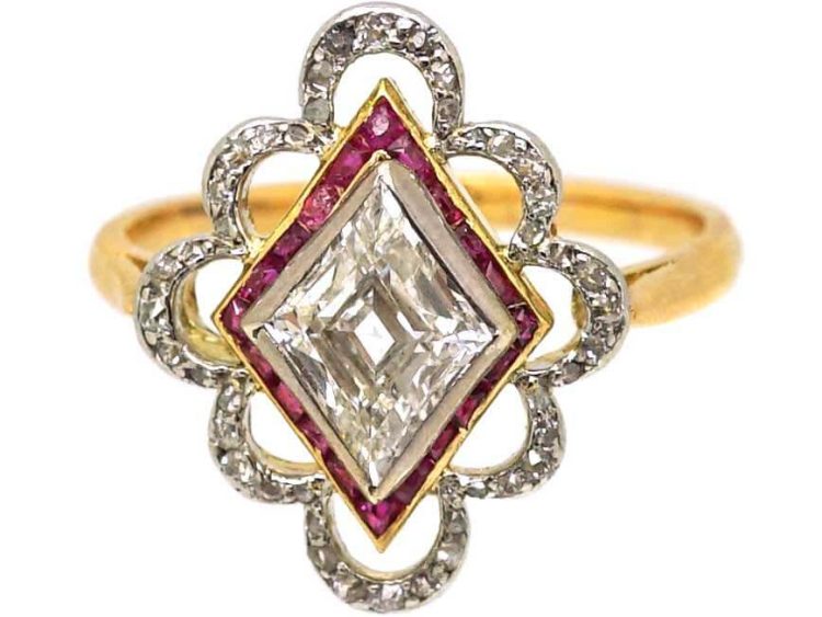 Edwardian 18ct Gold & Platinum Diamond Shaped Ring set with a Diamond & Calibré Rubies