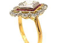Edwardian 18ct Gold & Platinum Diamond Shaped Ring set with a Diamond & Calibré Rubies