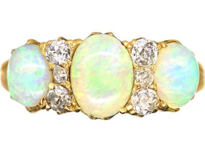 Edwardian 18ct Gold Three Stone Cabochon Opal & Diamond Ring