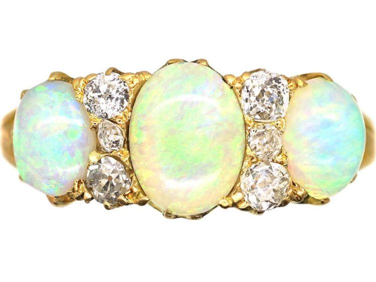 Edwardian 18ct Gold Three Stone Cabochon Opal & Diamond Ring