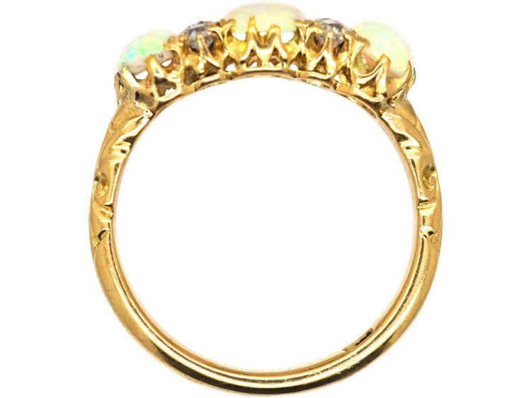 Edwardian 18ct Gold Three Stone Cabochon Opal & Diamond Ring