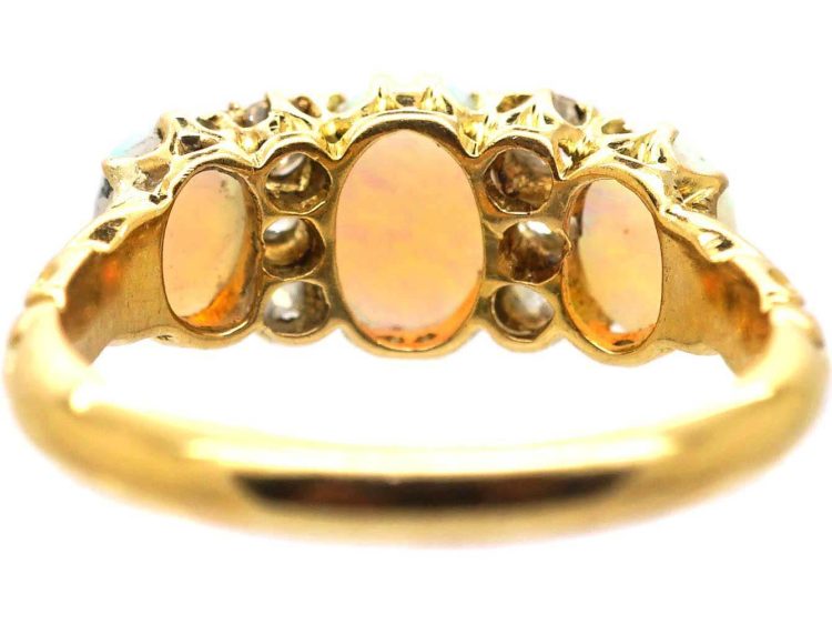 Edwardian 18ct Gold Three Stone Cabochon Opal & Diamond Ring