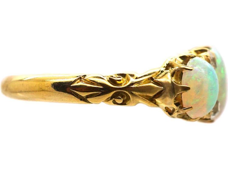 Edwardian 18ct Gold Three Stone Cabochon Opal & Diamond Ring