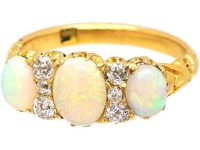 Edwardian 18ct Gold Three Stone Cabochon Opal & Diamond Ring