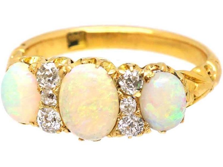 Edwardian 18ct Gold Three Stone Cabochon Opal & Diamond Ring