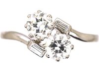 Art Deco Platinum Two Stone Diamond Crossover Ring with Small Baguette Diamond Shoulders