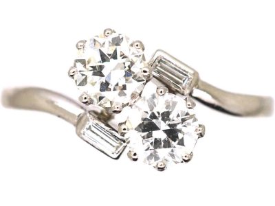 Art Deco Platinum Two Stone Diamond Crossover Ring with Small Baguette Diamond Shoulders