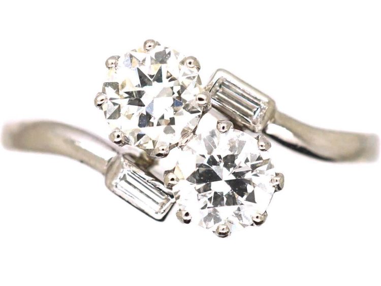 Art Deco Platinum Two Stone Diamond Crossover Ring with Small Baguette Diamond Shoulders