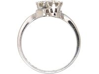 Art Deco Platinum Two Stone Diamond Crossover Ring with Small Baguette Diamond Shoulders