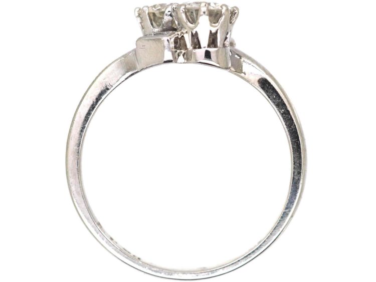 Art Deco Platinum Two Stone Diamond Crossover Ring with Small Baguette Diamond Shoulders