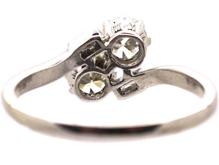 Art Deco Platinum Two Stone Diamond Crossover Ring with Small Baguette Diamond Shoulders