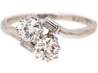 Art Deco Platinum Two Stone Diamond Crossover Ring with Small Baguette Diamond Shoulders