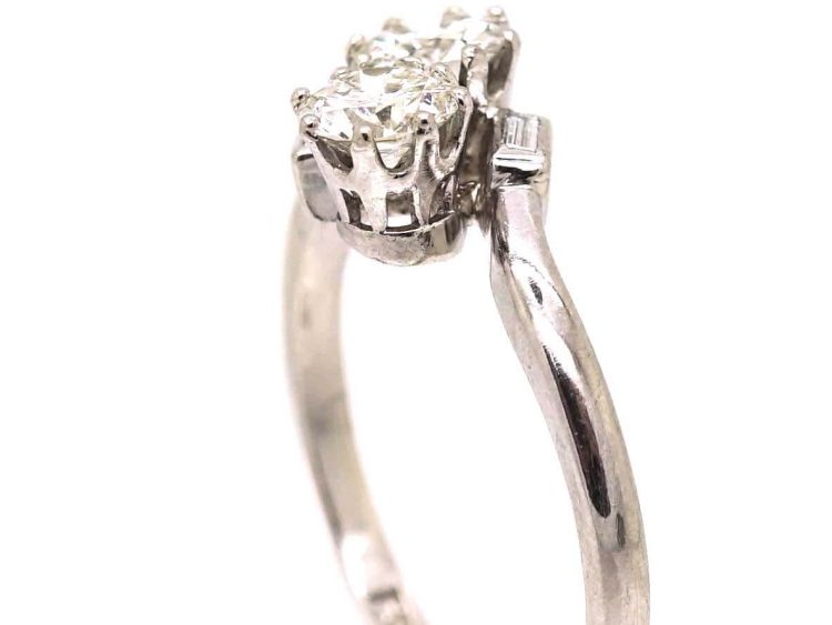 Art Deco Platinum Two Stone Diamond Crossover Ring with Small Baguette Diamond Shoulders