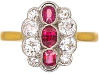 Art Deco 18ct Gold & Platinum, Ruby & Diamond Oval Cluster Ring
