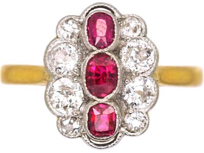 Art Deco 18ct Gold & Platinum, Ruby & Diamond Oval Cluster Ring