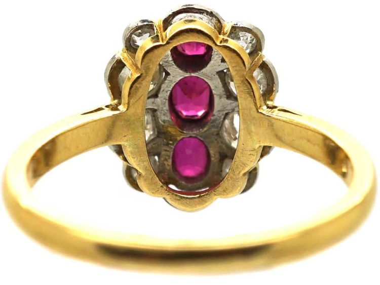Art Deco 18ct Gold & Platinum, Ruby & Diamond Oval Cluster Ring