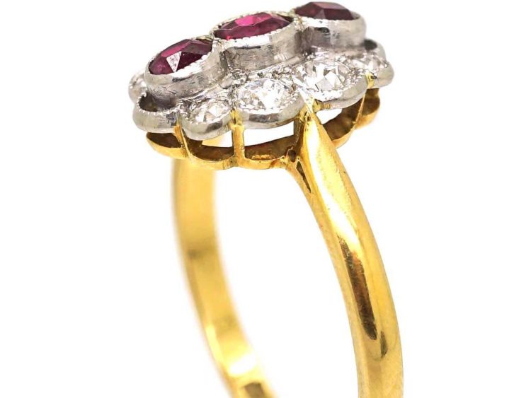 Art Deco 18ct Gold & Platinum, Ruby & Diamond Oval Cluster Ring