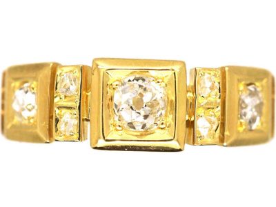 Victorian 18ct Gold Ring set with Three Old Mine Cut Diamonds & Rose Diamonds In Between