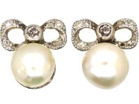 Edwardian Small 18ct White Gold Bow Earrings set with Bouton Pearls & Diamonds