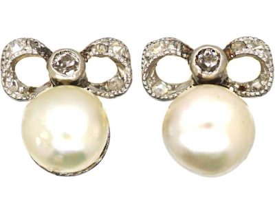 Edwardian Small 18ct White Gold Bow Earrings set with Bouton Pearls & Diamonds