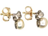 Edwardian Small 18ct White Gold Bow Earrings set with Bouton Pearls & Diamonds
