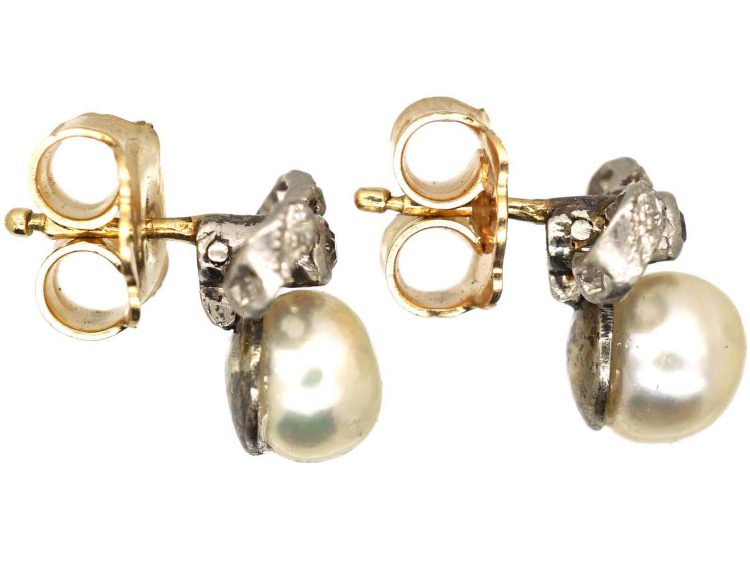 Edwardian Small 18ct White Gold Bow Earrings set with Bouton Pearls & Diamonds
