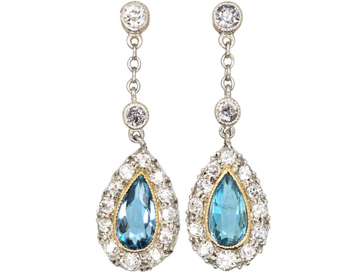 Edwardian 15ct Gold & Platinum, Aquamarine & Diamond Drop Earrings