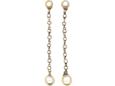 Edwardian 15ct Gold & Platinum Natural Pearl Drop Earrings