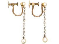Edwardian 15ct Gold & Platinum Natural Pearl Drop Earrings