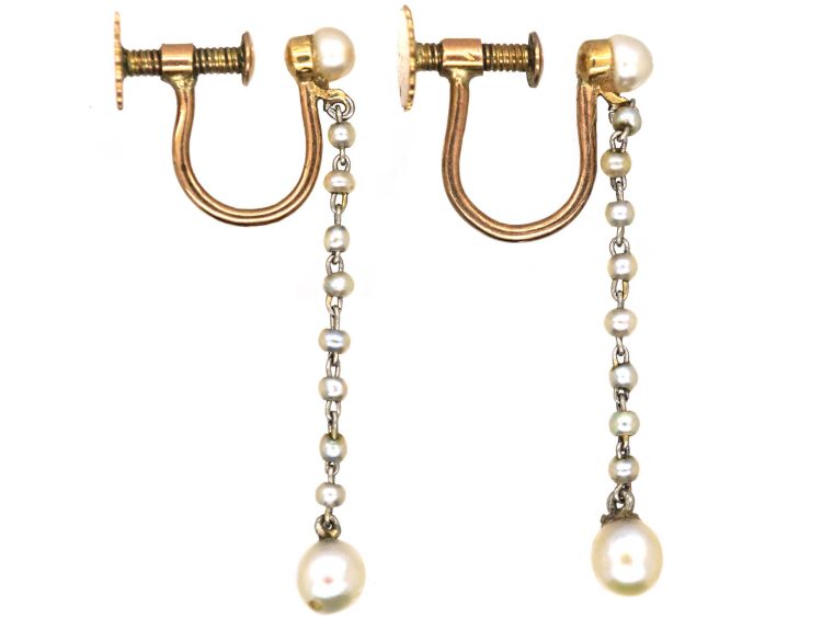 Edwardian 15ct Gold & Platinum Natural Pearl Drop Earrings