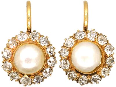 Edwardian 18ct Gold, Mabe Pearl & Diamond Round Earrings
