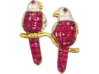 Vintage 18ct Gold Pair of Parrots Brooch set with Rubies & Diamonds