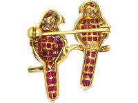 Vintage 18ct Gold Pair of Parrots Brooch set with Rubies & Diamonds