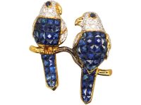 Vintage 18ct Gold Pair of Parrots Brooch Invisibly set with Sapphires & Diamonds