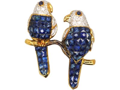 Vintage 18ct Gold Pair of Parrots Brooch Invisibly set with Sapphires & Diamonds