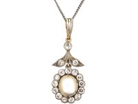 Early 20th Century 14ct White & Yellow Gold Diamond & Pearl Flower Pendant on Chain