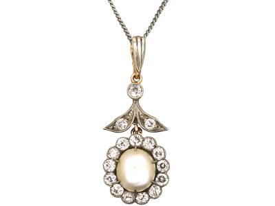 Early 20th Century 14ct White & Yellow Gold Diamond & Pearl Flower Pendant on Chain
