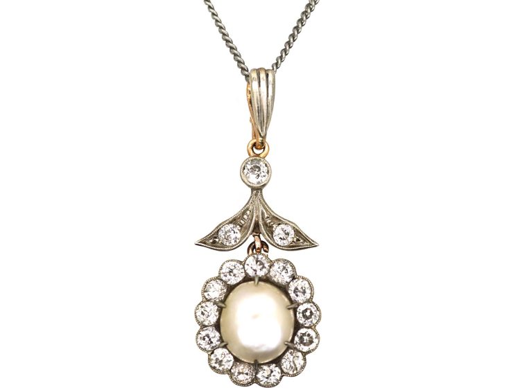 Early 20th Century 14ct White & Yellow Gold Diamond & Pearl Flower Pendant on Chain