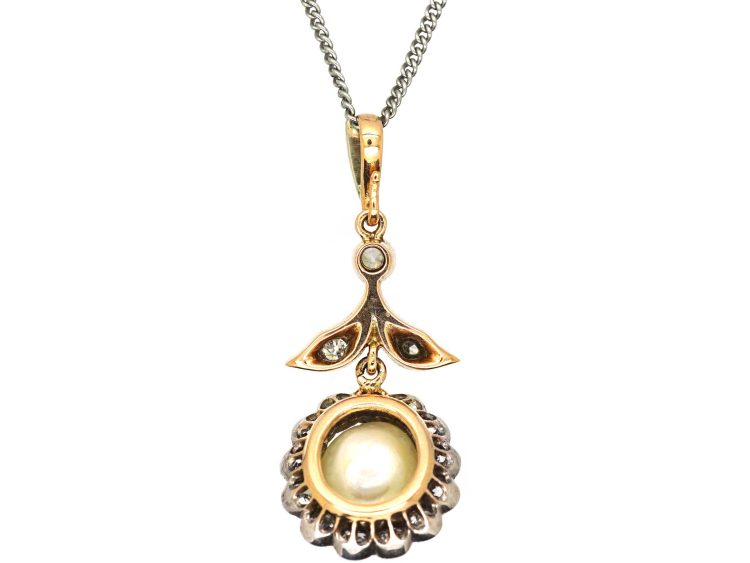 Early 20th Century 14ct White & Yellow Gold Diamond & Pearl Flower Pendant on Chain