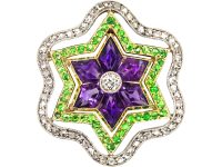 Edwardian 15ct Gold & Platinum, Suffragette Brooch Pendant set with Diamonds, Amethysts & Green Garnets