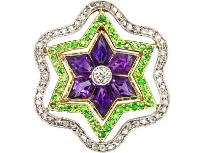 Edwardian 15ct Gold & Platinum, Suffragette Brooch Pendant set with Diamonds, Amethysts & Green Garnets