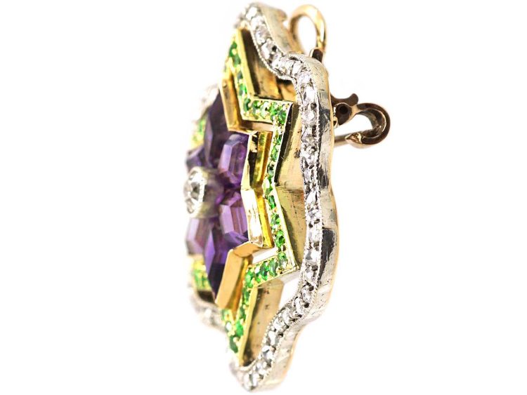 Edwardian 15ct Gold & Platinum, Suffragette Brooch Pendant set with Diamonds, Amethysts & Green Garnets