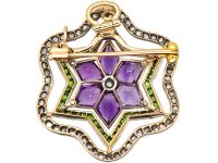 Edwardian 15ct Gold & Platinum, Suffragette Brooch Pendant set with Diamonds, Amethysts & Green Garnets