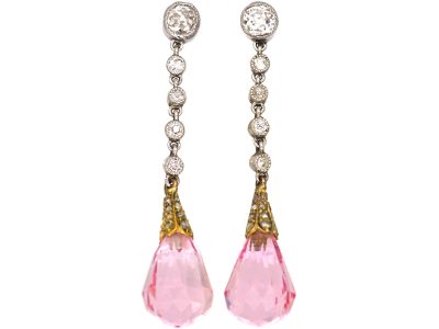 Edwardian 15ct Gold & Platinum, Pink Tourmaline & Diamond Drop Earrings