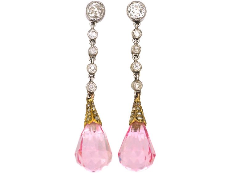 Edwardian 15ct Gold & Platinum, Pink Tourmaline & Diamond Drop Earrings