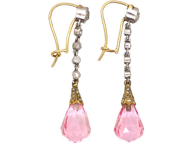 Edwardian 15ct Gold & Platinum, Pink Tourmaline & Diamond Drop Earrings