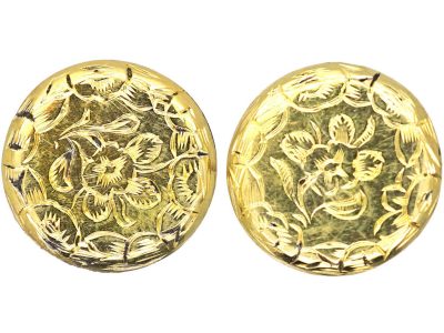 Victorian 15ct Gold Stud Earrings Engraved with Flowers & Leaves