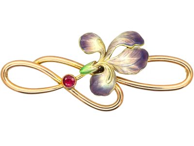 Art Nouveau 15ct Gold & Enamel Iris Brooch set with a Ruby