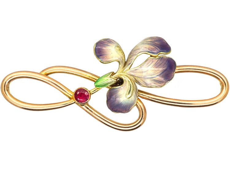 Art Nouveau 15ct Gold & Enamel Iris Brooch set with a Ruby
